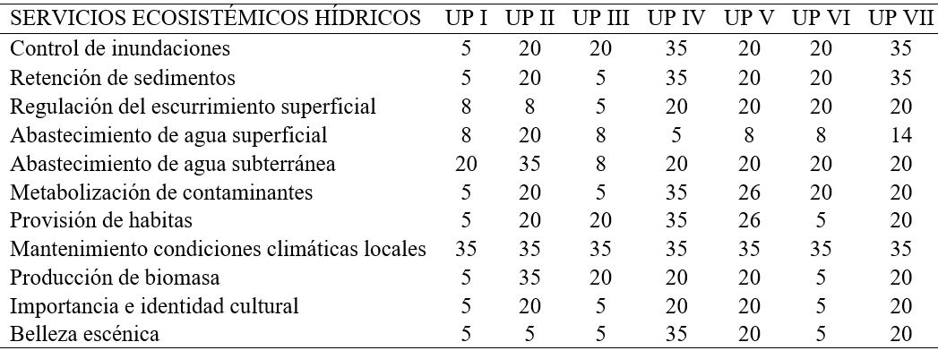 Tabla 6. Capacidad de las unidades de paisaje (UP) para cada servicio ecosistémico hídrico (SEH).